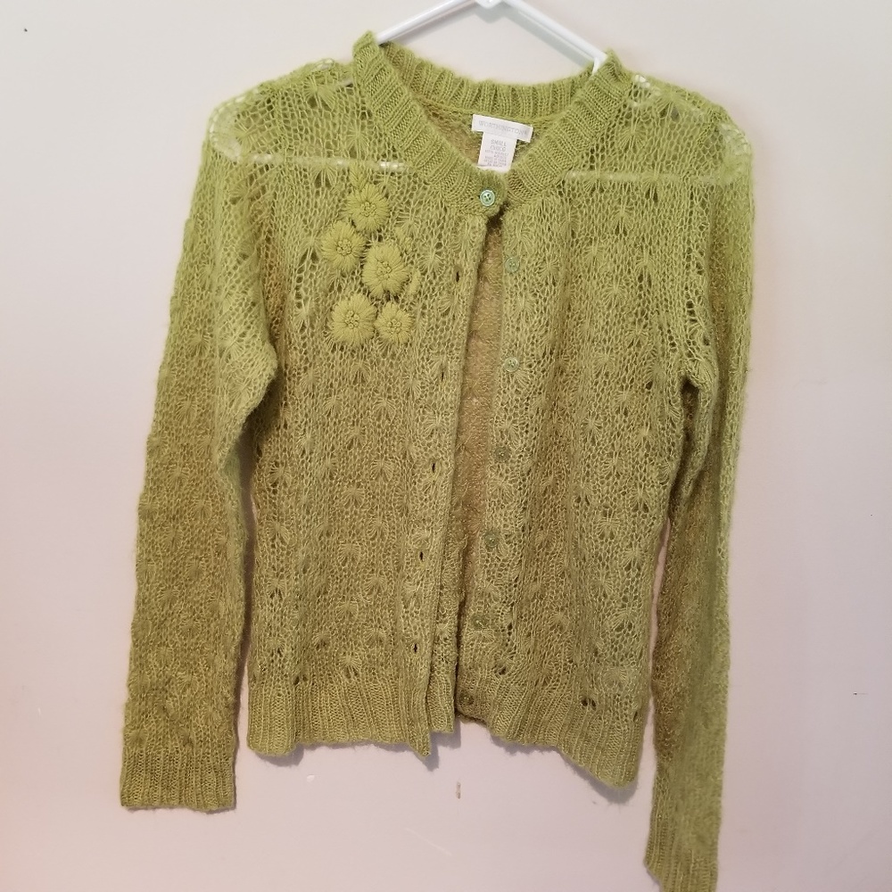 Worthington Chartreuse Crochet Button Up Sweater.